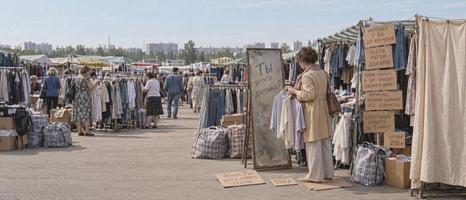Женщина на вещевом рынке 2000-х стоит перед запылённым зеркалом с надписью «Ты этого достойна?»